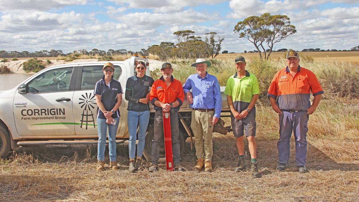 The Corrigin Farm Improvement Group's (CFIG) Veronika Crouch (left), with Sheridan Kowald, Stirlings to Coast Farmers, Peter Broley, Primary Sales, Glen Riethmuller, Department of Primary Industries and Regional Development (DPIRD), Clint Pitman, CFIG and Michael Bailey, Primary Sales, at Mr Pitman's property at Corrigin. Photo by DPIRD.