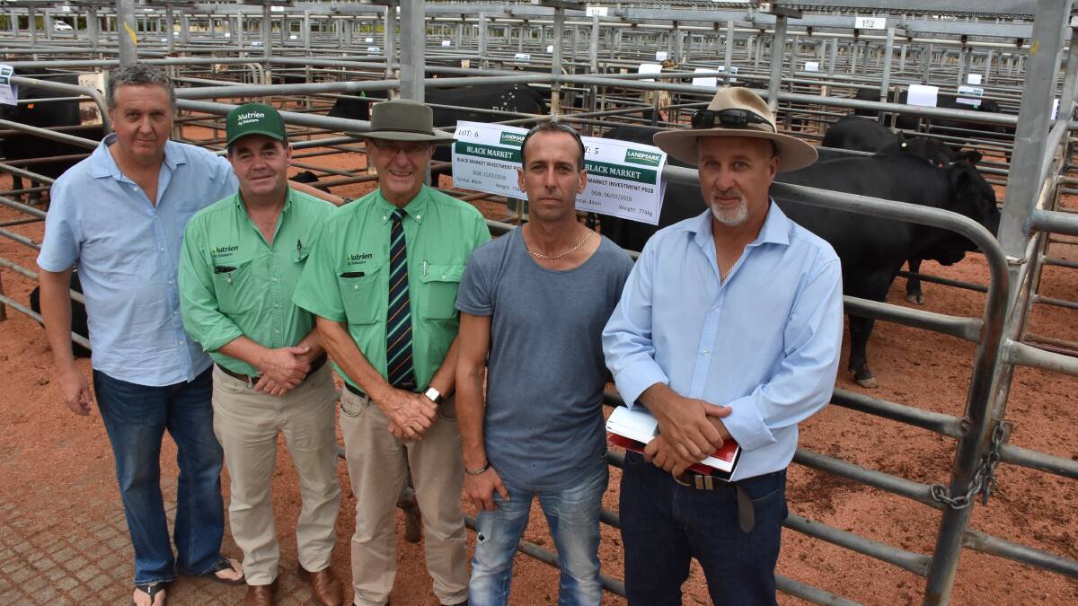 The top price in the offering from the Black Market stud, Donnybrook, was $11,500 achieved twice for lots five and six, in front of the two top-priced bulls were buyer of lot five Dean Scott (left), Silverlands Stud Farm, Bridgetown and his agent Jamie Abbs, Landmark Boyup Brook, sale auctioneer Neil Brindley, Landmark Brindley & Chatley, Esperance, buyer of lot six Rohan Toovey, LT Toovey & Sons, Cranbrook and Black Market stud principal Paul Torrisi.