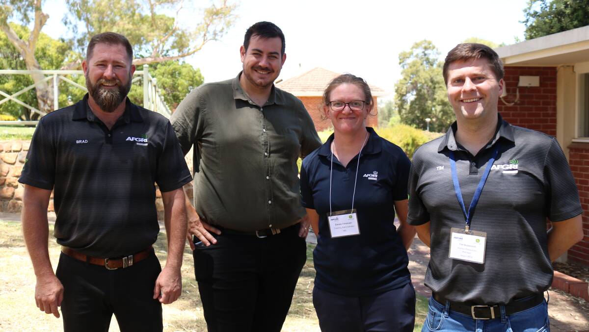 AFGRI staff at the induction included co-organiser, general manager aftermarket Brad Forrester (left), presenter, territory customer support manager for agriculture and turf WA, Chris Weideman, who is relocating to WA from Queensland, co-organiser, training administrator HR, Emma Johansen and presenter, human resources manager Tim Stubenvoll.