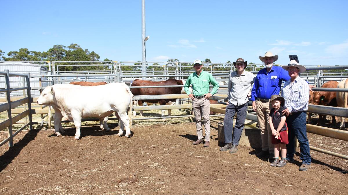 With one of the three $6500 top-priced bulls from the Quicksilver Charolais stud, Newdegate, were Nutrien Livestock, Albany trainee Jack Tierney (left), buyers Evan and Graham Ayres, Graham Ayres Livestock, Bornholm, who purchased two of the top-priced bulls and stud co-principal Doug Giles with son Ned.