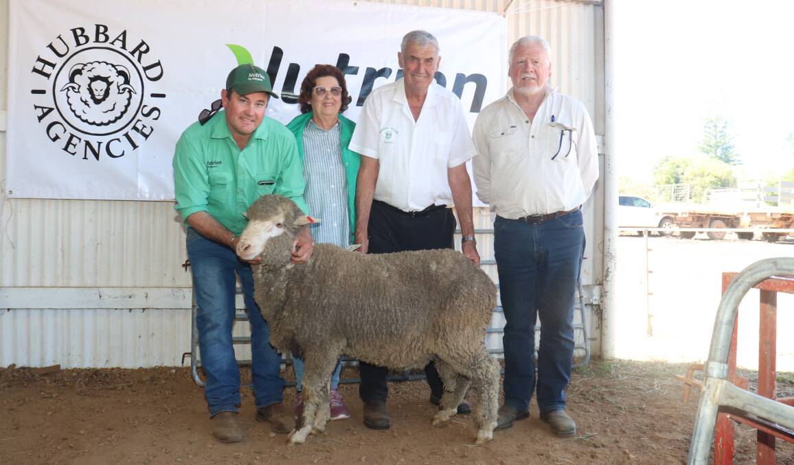With the top price $2000 ram is Nutrien Livestock breeding representative Mitchell Crosby (left), Monte Verde stud principals Suzanne and Stan Hall, and buyer David Egerton-Warburton, Frankland River.