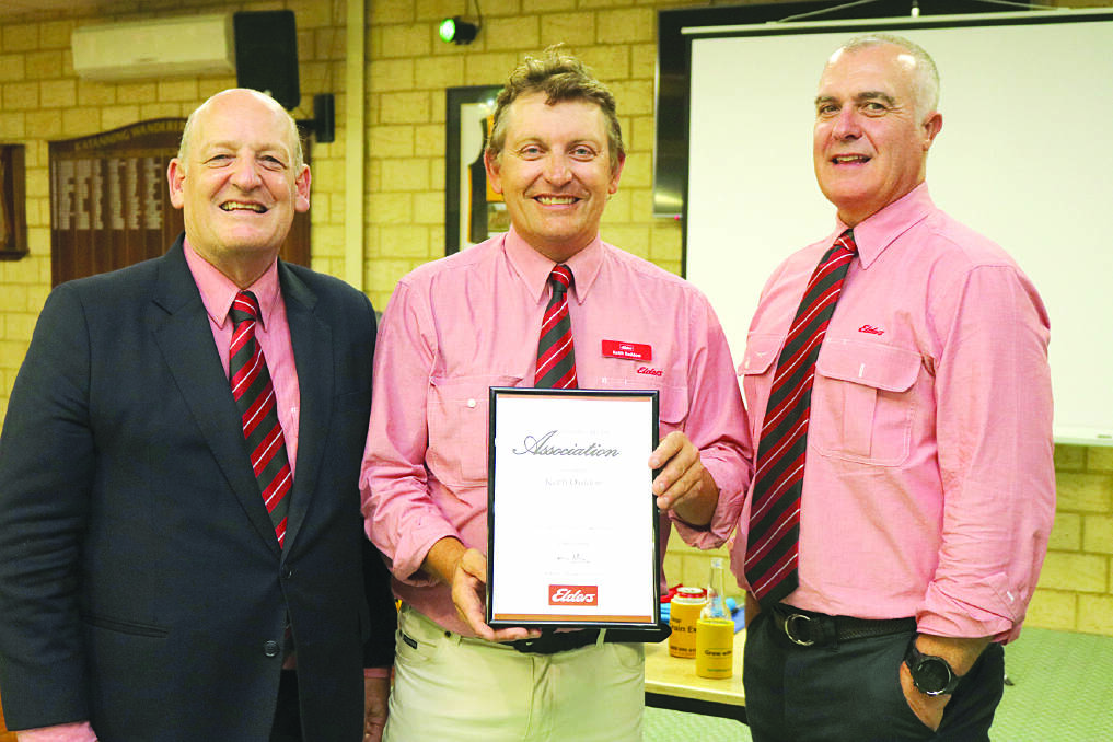 The fourth in a line of five family members who have worked for Elders, Katanning branch manager Keith Daddow (centre), was presented with a 15-year service award by Elders chief executive officer Mark Allison (left) and Elders State manager WA, Nick Fazekas.
