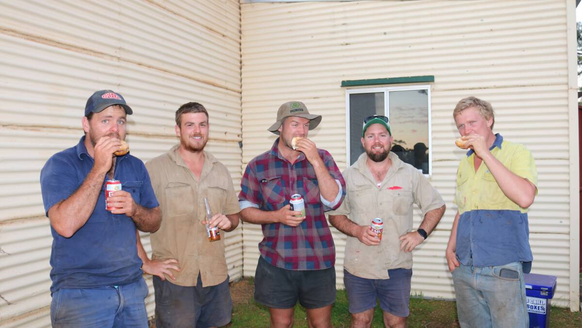 Enjoying some locally-produced Tara beef are Mingenew-Irwin Group members and Mingenew farmers Jamie McTaggart (left), Isaac Baldry, Clint Chivers, Jarrad Spencer and Jack Mitchell.