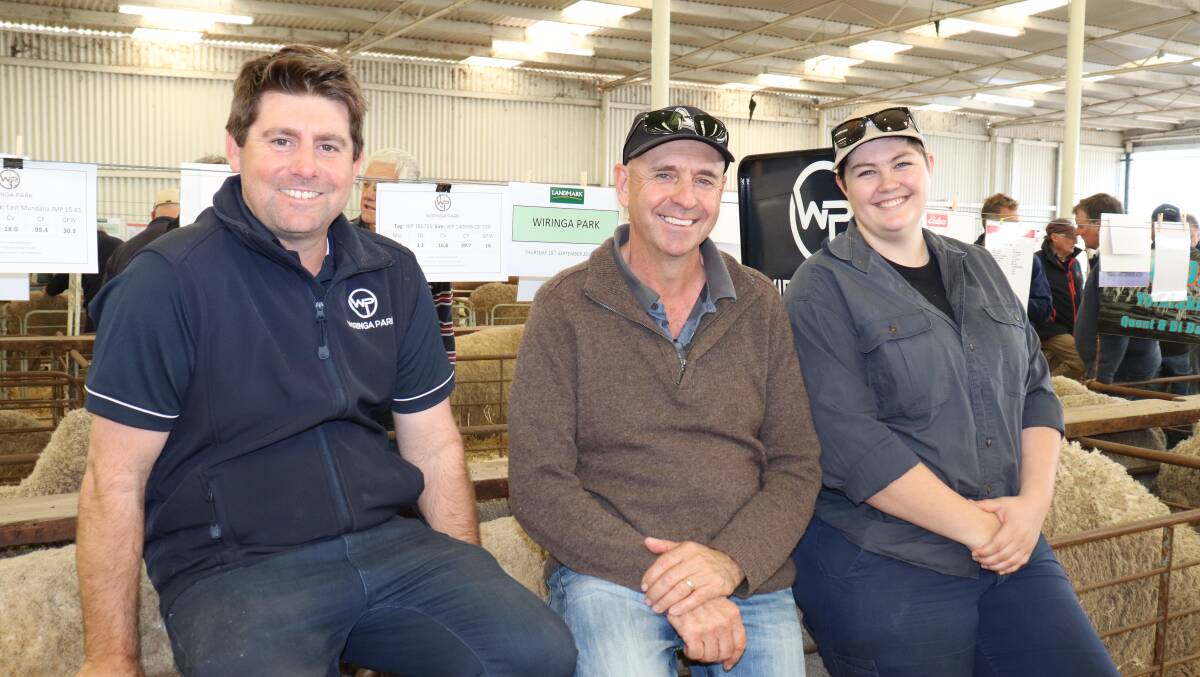 Wiringa Park stud principal Alan Hobley (left), Nyabing, discussed his rams on display with Darryl and Rebecca Sims, Beverley.