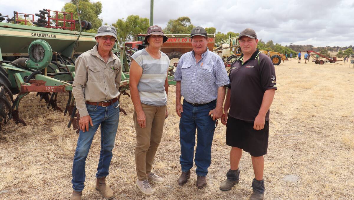 Steve (left) and Heather Hyde, Williams, caught up with Ray Lewis and John Bushby, Lewisdale Poll Merino stud, Wickepin.