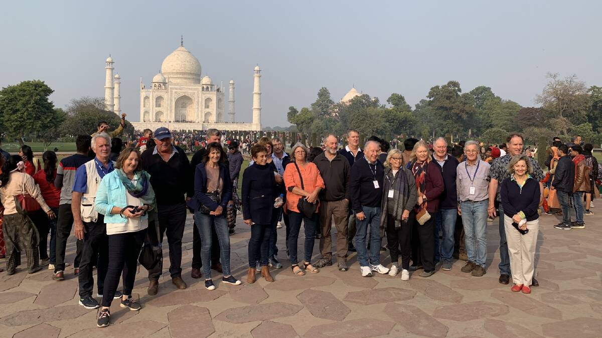 Peter and Margaret Scanlan (seventh and sixth from right) leading Scanlan Wool's first woolgrower tour of India. With them are some of the 20 woolgrowers during a visit to the Taj Mahal at Agra.
