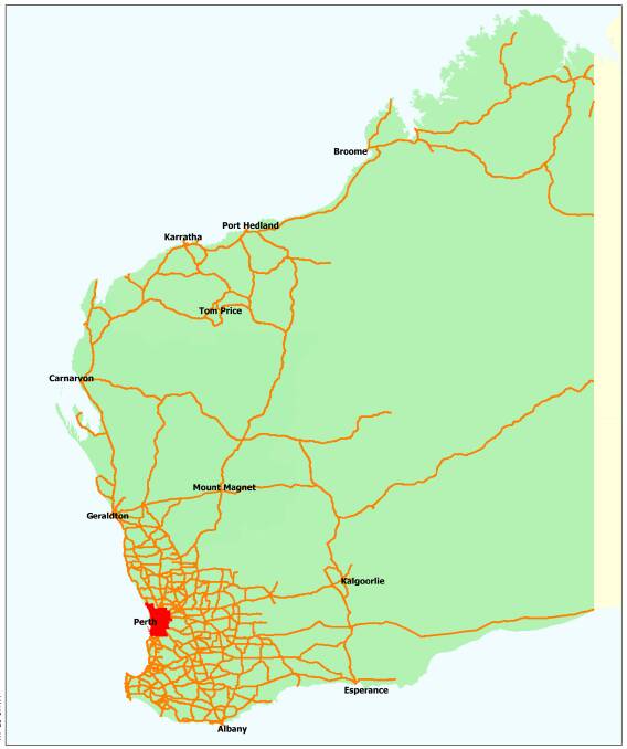 The WA Agricultural Pilot Zones. The Green zone is all roads within the areas bounded by Regional Distributor and State roads. The Orange zone is all Regional Distributor and State roads, outside the metropolitan area. The Red zone is all roads within the metropolitan area.