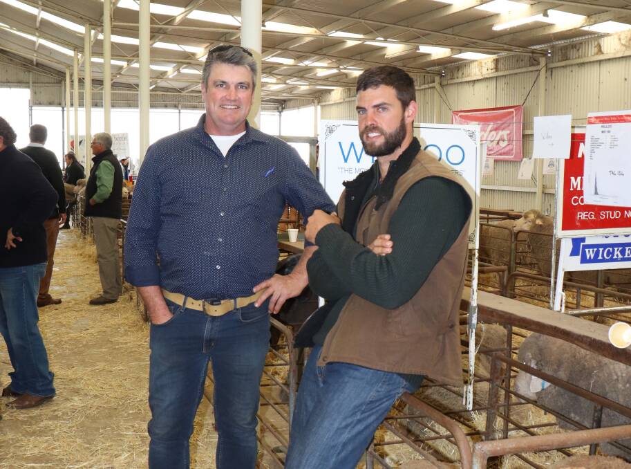  Collyn Garnett (left), Willemenup stud, Gnowangerup, looked through the rams on display from the Wililoo stud, Woodanilling, with stud co-principal Rick Wise.