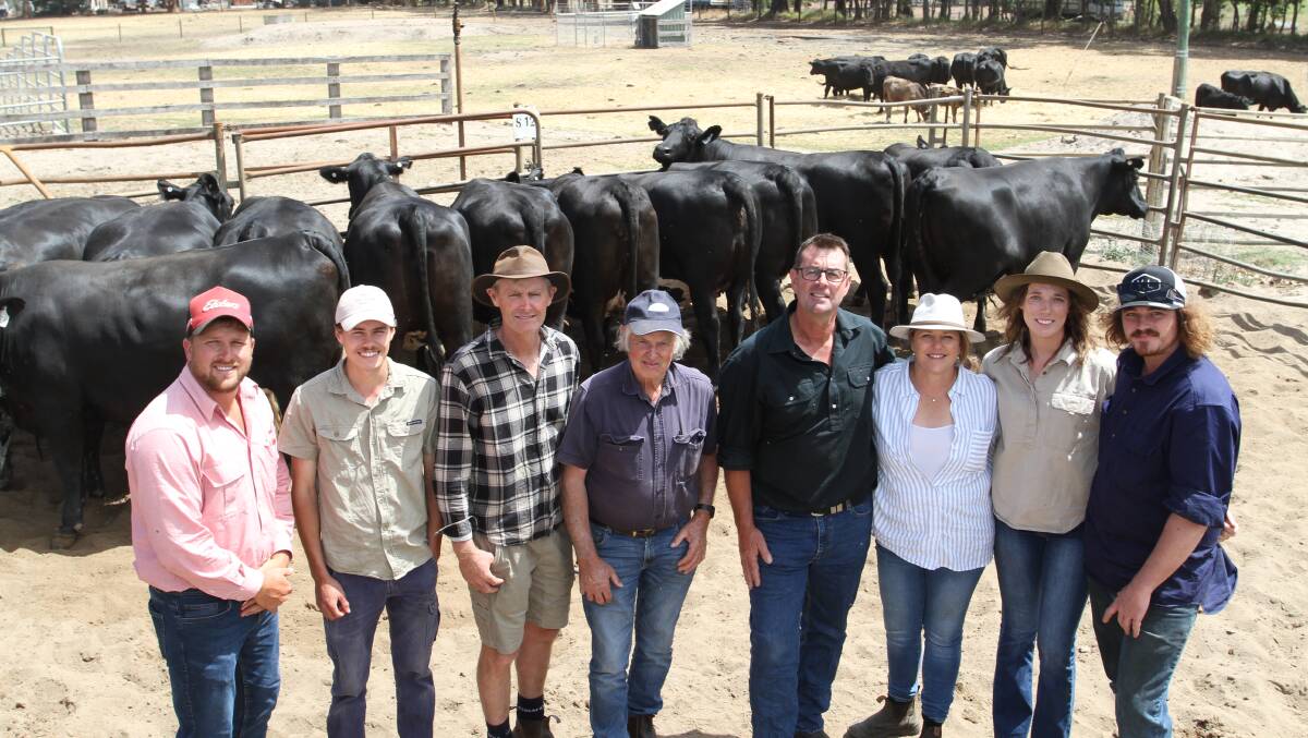 Jacques Martinson (left), Elders, Busselton, vendors Liam, Brett and Jim Milner, Milners Farm, Busselton and buyers Kim and Kerrie Dunnet, Teagan McGregor and Jaymon Dunnet, OM Dunnet & Co, Nannup, with the $2950 overall equal second top price and equal top price pen of six Angus-Friesian heifers PTIC to an Angus bull to calve from January 20 to March 30, 2024.