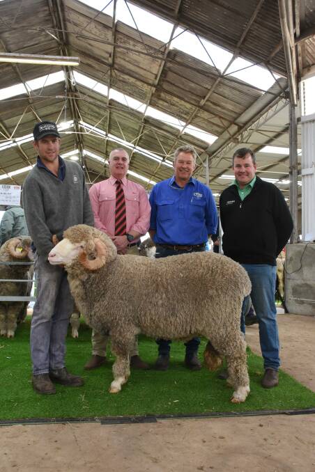  With the $7250 third top-priced ram, a Barloo Merino which sold to the Meyer family, Mulloorie stud, Brinkworth, South Australia, were Barloo/Willemenup co-principal Fraser House (left), Elders State general manager WA Nick Fazekas, Barloo/Willemenup co-principal Richard House and Nutrien Livestock Breeding representative Mitchell Crosby, who purchased the ram for the Meyer family.