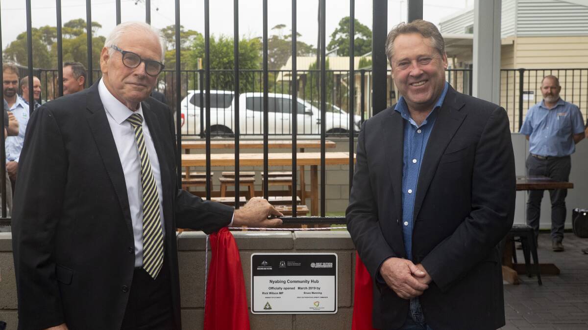 Bruce Manning (left), Great Southern Development Commission and Rick Wilson, Federal Member for O'Connor, unveiling the Nyabing Community Hub plaque. Photographs by Kingsley Flett.