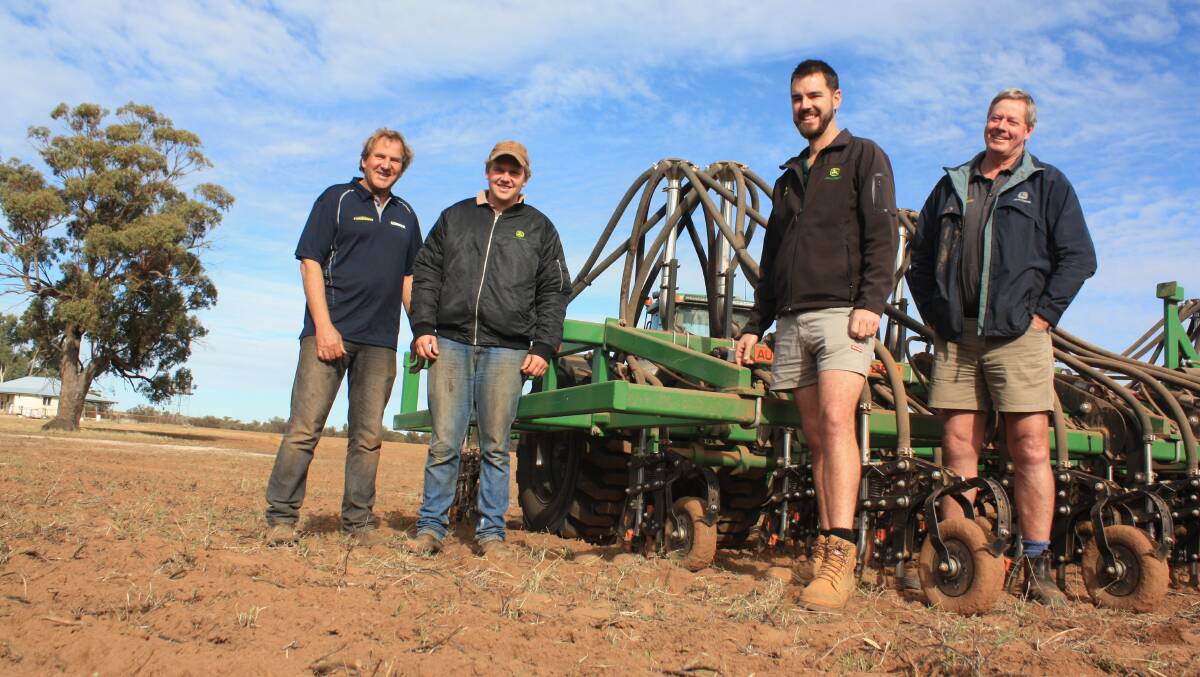 Seeding's over, now for the follow-up rain. That was the topic of discussion between Jennacubbine farmer Darren West (left), his son Dylan, Ag Implements Northam branch manager Luke Siddons and salesman Ted Chester, as they reviewed the performance of Mr West's new DBS precision seeder last week.