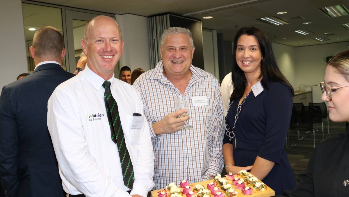 Being offered canapes were Nutrien Ag Solutions general manager northern, Andrew Lindsay (left), Property Yields WA sales and marketing consultant Brett Nazzari, Carine and Bennett + Co marketing and business development manager Jessica Treacy.