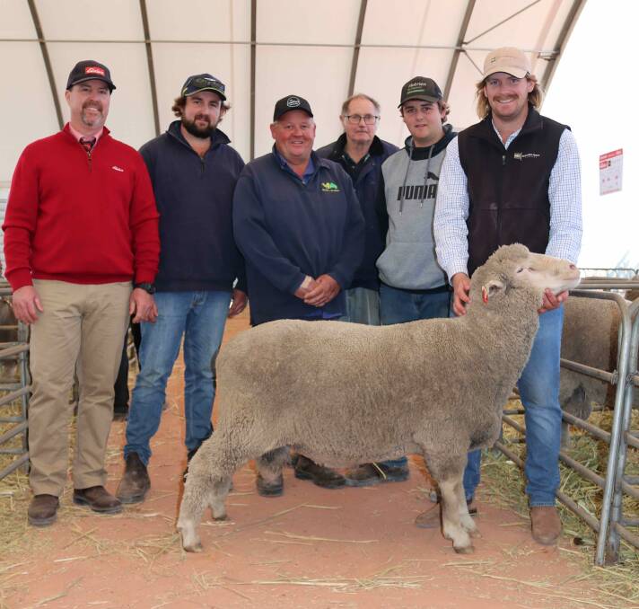 Elders auctioneer Nathan King (left), with Ashton, Gavin, Colin and Riley Hagboom, South Dowerin, who bought the top-priced ram at Mondays Mollerin Rock on-property Dohne ram sale at Cadoux for $3600, held by Mollerin Rock Dohne stud co-principal Mitchell Applegate, Cadoux.