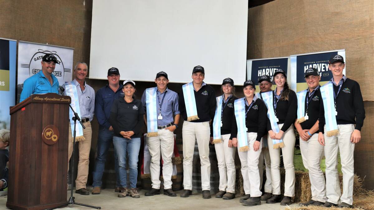The runner-up team, the Western Australian College of Agriculture, Denmark (team one). Harvey Beef Gate 2 Plate president Jarrod Carroll (left),WACOA Denmark farm manager Kevin Marshall, Harvey Beef representatives Jonathon Green and Jeni Seaton, with students Lachlan Johnson, Josh Coole, Rori Skinner, Jacana Vincent, Zoe Skinner, Libby Miell, Riley Pes and Tomas O'Farrell.