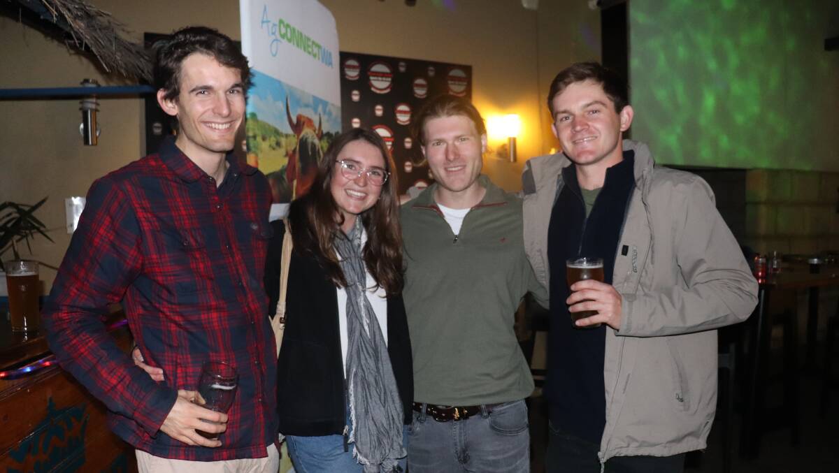 Trigg Mining projects officer Zed Briginshaw (left), Living Farm agricultural research team member Anne Wilson, Living Farm field technician Giles Calvert and AgConnectWA committee member Josh Clune.