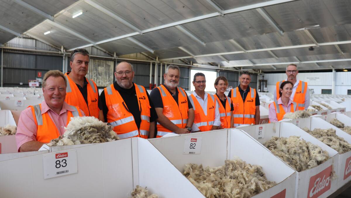Elders wool sales manager north Tim Burgess (left) and Elders wool sales manager south Alice Wilsdon (second right) with Rural Bank representatives, Darren Gooding, Geraldton, Trevor Jasper and Brian Western, Albany, Garry Harvey, Perth office, Vicki Andreoli, Geraldton, Kevin Bright, Northam region and Peter Dobbs, southern region, touring the Western Wool Centre.