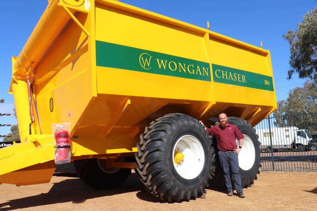 Boekeman Machinery, Wongan Hills branch manager Dillan Elliott with the 30 tonne Wongan Chaser chaser bin built just across the road.