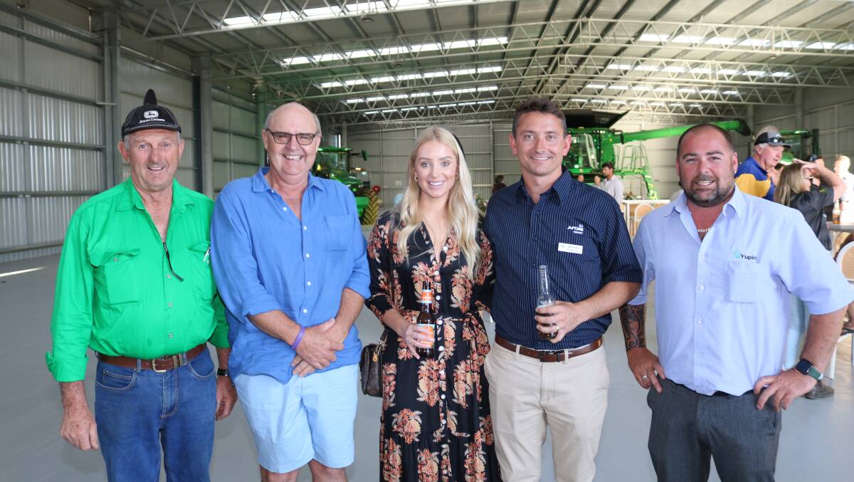 Kentyn Wehr (left) and Stewart Wallace, both Neridup, with Kristy-Lee Perry, her husband and AFGRI Equipment- Esperance, branch manager Michael Perry and Yupiri farm manager Dafydd Jones, Beaumont.
