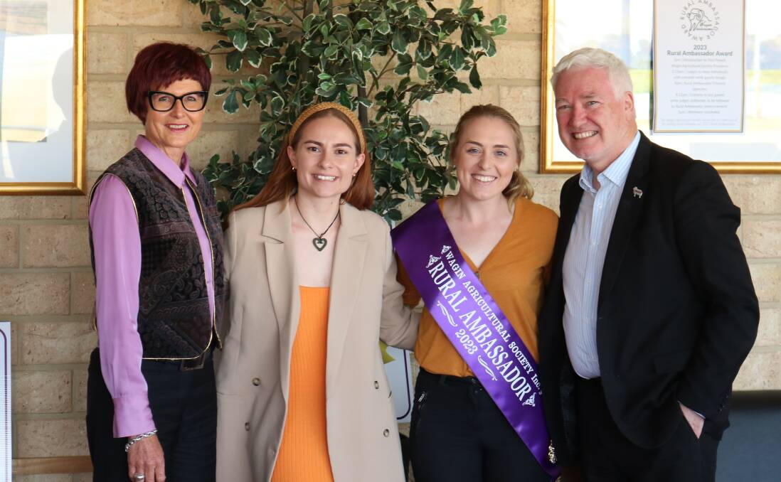 Judges Farm Weekly business development and sales manager Wendy Gould (left) and 2022 Wagin Woolorama Rural Ambassador Lucilee Iles with 2023 Rural Ambassador awardee Chloe Blight and fellow judge Shire of Wagin acting chief executive officer Ian McCabe.