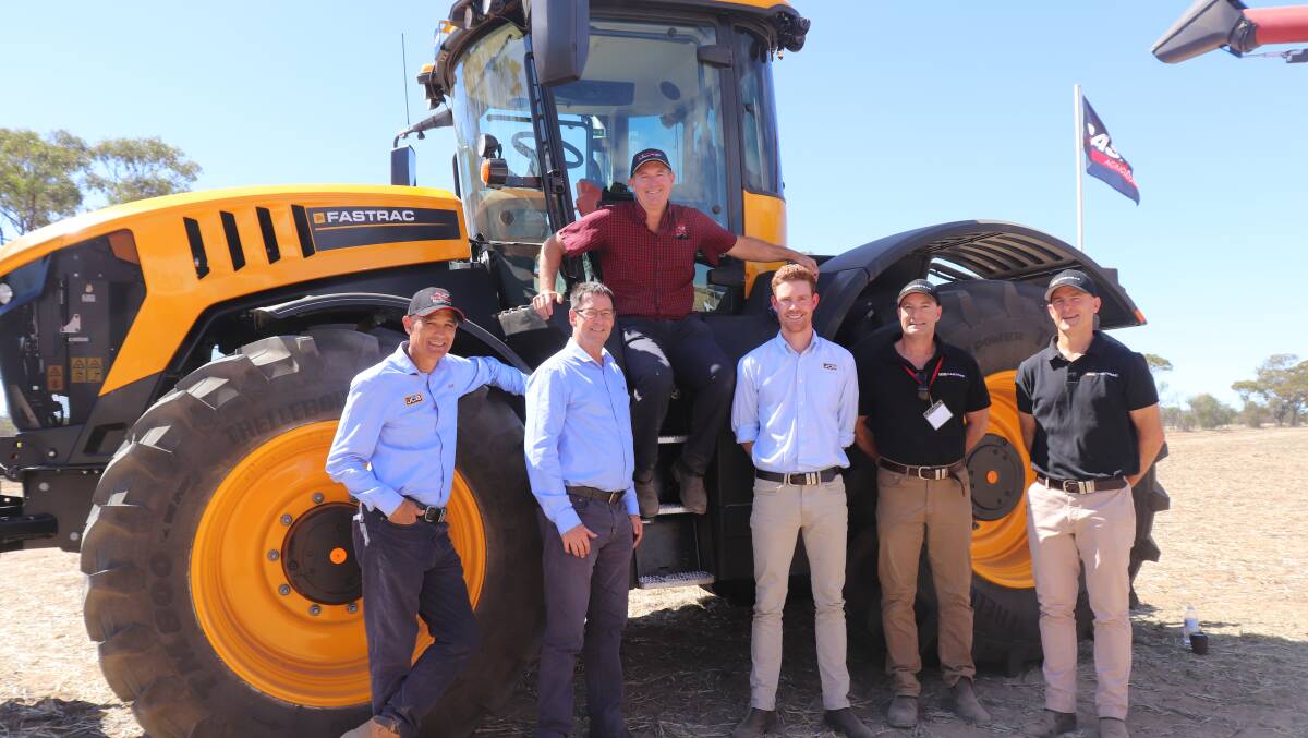 JCB Australia chief executive officer Phil Withell (left), CEA general manager dealer network Matt King, Boekeman Machinery dealer principal Stuart Boekeman, JCB Pacific regional manager John Plummer, local JCB representative Craig Tucker and JCB's Australian Fastrac manager Andrew Hacker with the JCB Fastrac 8330 Series 5 launched locally at the Ride & Drive Day.