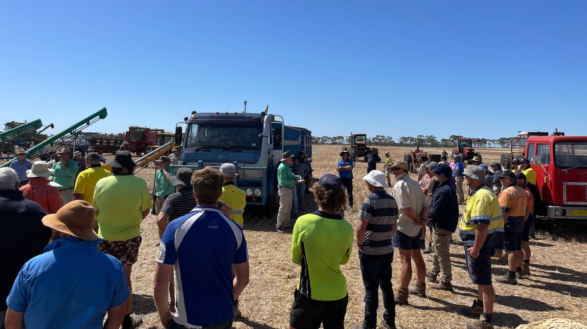 Auctioneer Neil Brindley in action at the Aurisch familys clearing sale taking bids for a 1987 model Mercedes 2228 V series truck with a tandem 12-tonne tip trailer which sold for $40,000.