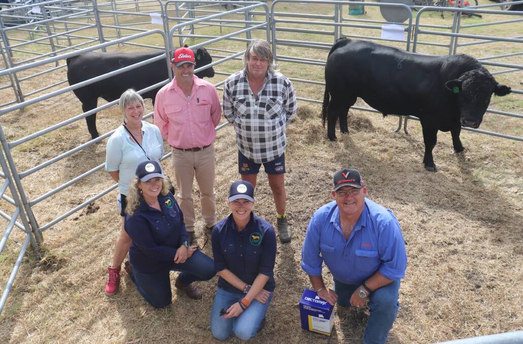 With the $15,000 top-priced bull at last week's Summit Gelbvieh
on-property bull sale were buyer Serena Matthews (back left), Narrikup, Elders, Mt Barker representative Dean Wallinger, buyer Wayne Matthews, Narrikup, Summit Gelbvieh stud principals Alexandra Riggall (front left) and Clare King and Ben Fletcher, Zoetis, who sponsored a prize for the top-priced buyer.