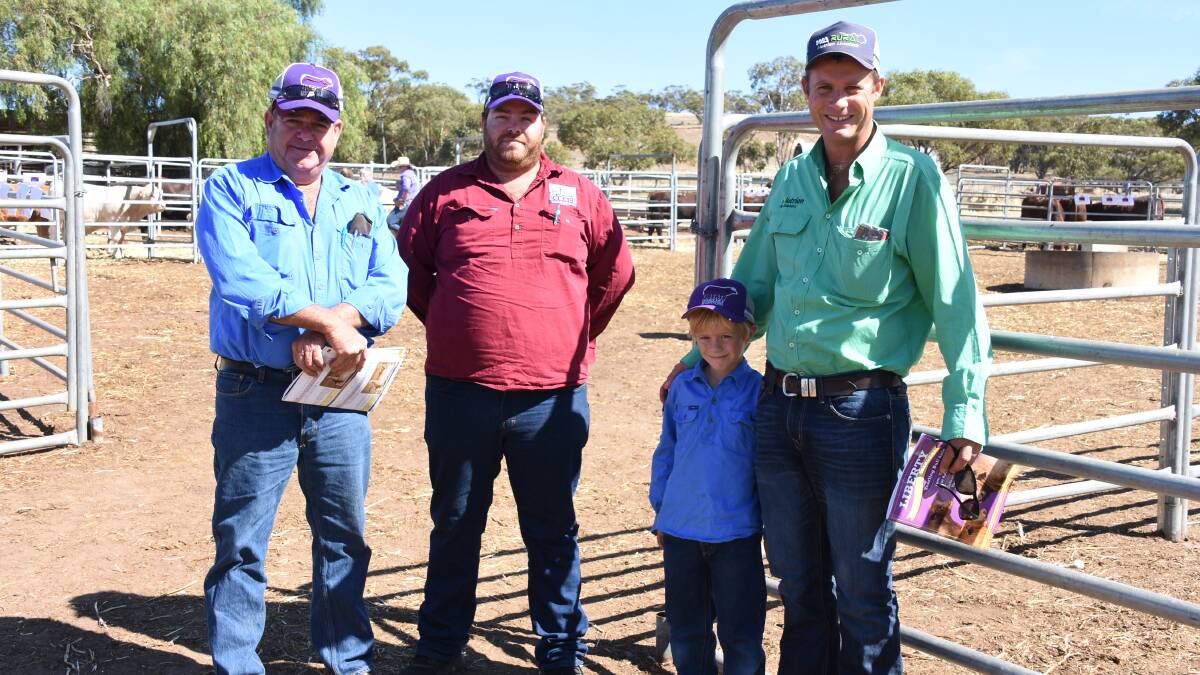  Looking over the line-up of bulls was Thistledo Pty Ltd connections Graham (left) and Blair McKail, Red Gully and Nutrien Livestock, Pilbara and Gascoyne agent Shane Flemming and son Dusty. In the sale Thistledo Pty Ltd purchased six Charolais bulls to a top of $9500 three times and an average of $8750 to make it the sale's volume buyer.