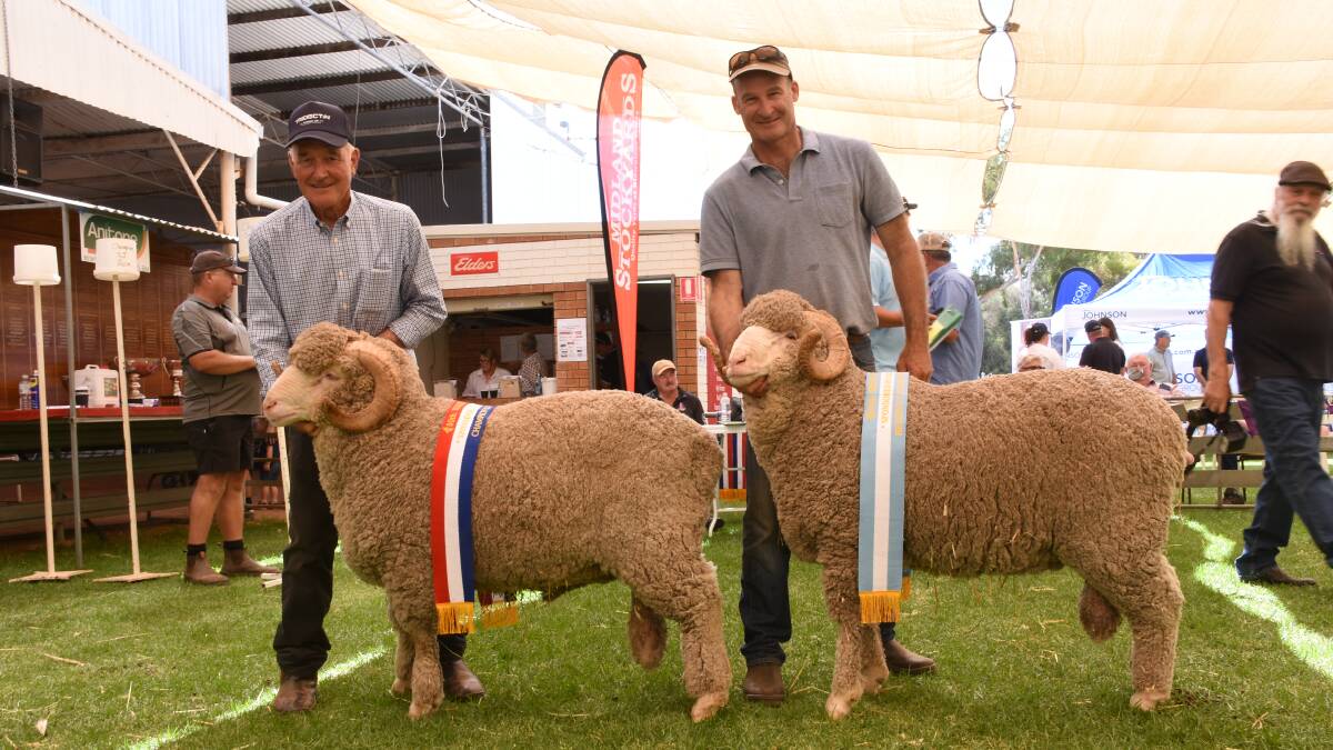The Tilba Tilba stud, Williams, exhibited the champion and reserve champion superfine wool Merino rams, with the winning rams were stud co-principals Stuart (left) and Andrew Rintoul.
