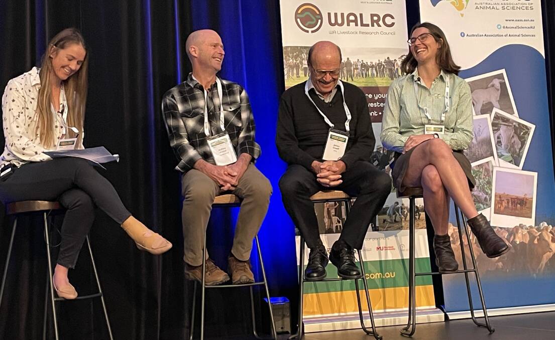 Orion Ag consulting director Caris Jones in conversation with Brookton farmer Ashley Hobbs, retired geneticist Johan Greeff and AgPro Management livestock consultant Georgia Reid-Smith.