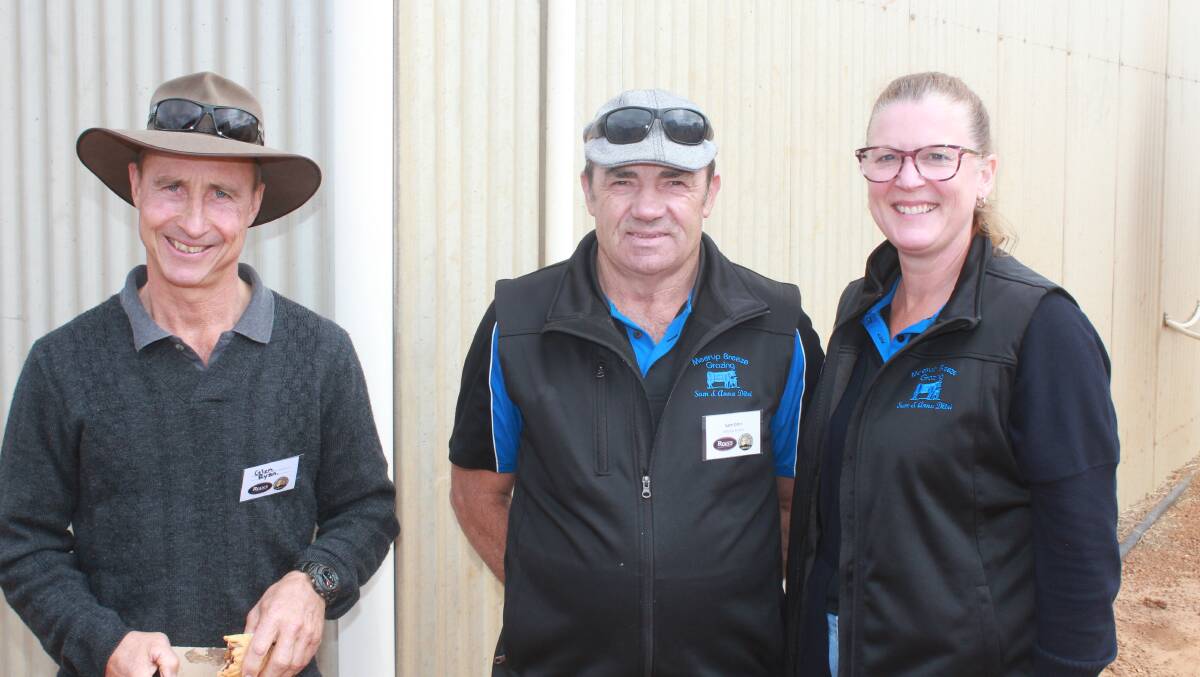 Beef producers Glen Ryan (left), Pemberton and Sam and Anna Ditri, Meerup Breeze Grazing, Northcliffe, were interested attendees at the beef day at Borden.