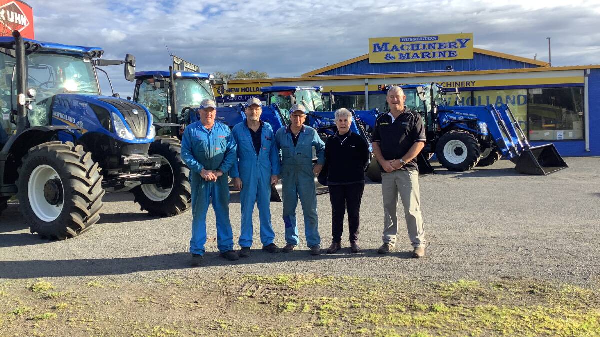 Busselton Machinery head technician Kim Heitman (left), service manager Greg Watson, owners Brian and Wendy Chatfield and sales manager Brad Langford with New Holland T6.165 auto command, T 6050, TD5.100 and T5.95 dual command models that have all been sold.