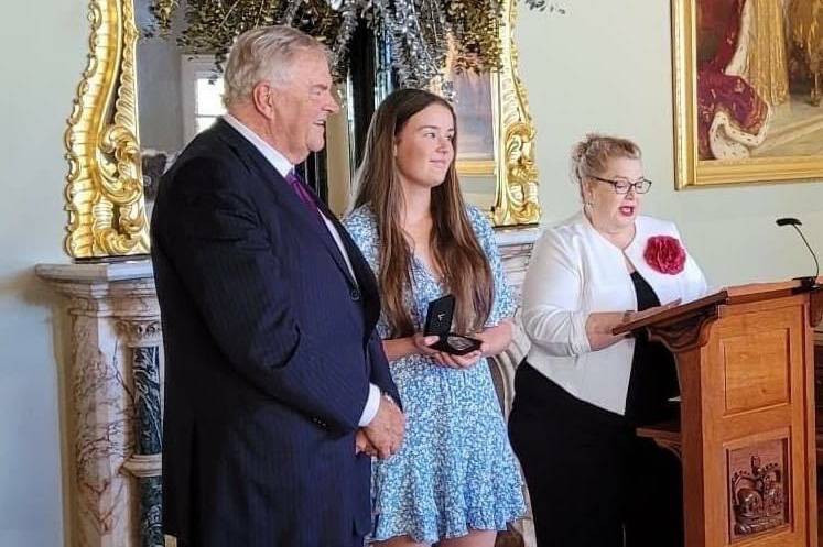 Then governor Kim Beazley, WA College of Agriculture, Cunderdin, student Charlotte Crossen (centre) and then Education Minister Sue Ellery at Government House. Ms Crossen won the Beazley Medal which recognises WAs top students, which was named after Mr Beazleys father, a former teacher and Federal education minister. Photos supplied by Charlotte Crossen.