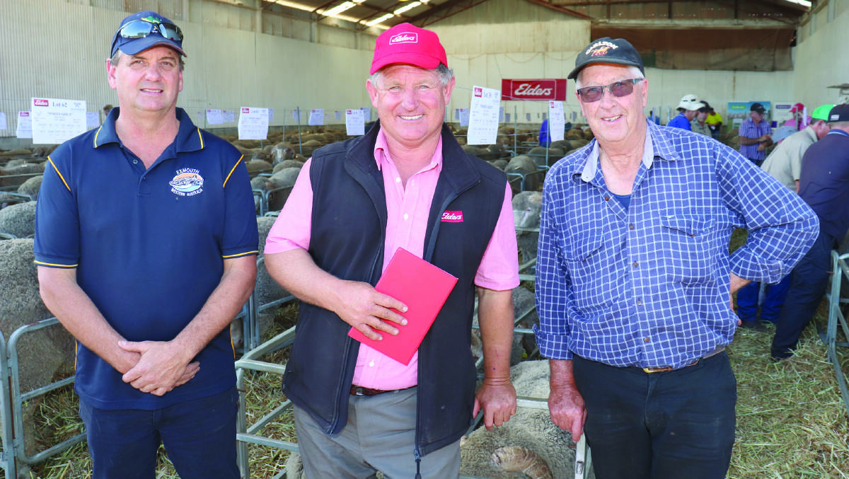 Catching up after the completion of the Woodyarrup on-property ram sale were Tim Wray (left), Broomehill, Russell McKay, Elders stud stock and Darryl Caporn, Myoting Plains, Quairading. Mr Wray bought seven rams at the sale and Mr Caporn's son Jason bought 12 in total.