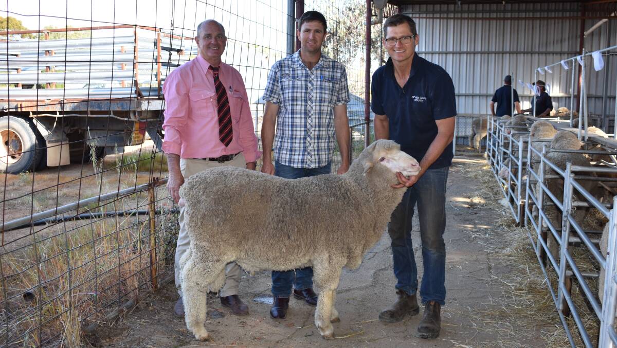 Elders Merredin area manager Andrew Peters (left), with top priced buyer Andrew Gillam, Gabyon Pastoral, Dongara, and Seven Oaks South principal Matt Barnett, holding the Seven Oaks South $5100 top priced sire of the sale.