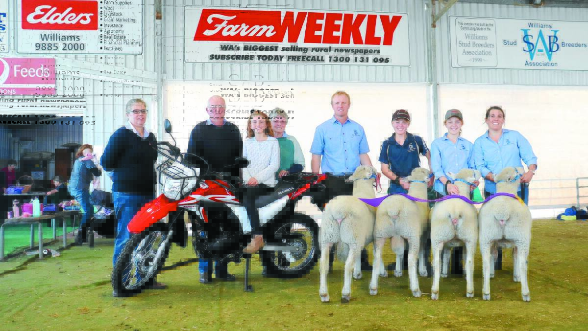  The Shepherd family, Leween Poll Dorset stud, Narrogin, took home their first Farm Weekly-sponsored motorbike prize when they won the champion interbreed group for two rams and two ewes in the British and Australasian breeds judging at this year's Make Smoking History Williams Gateway Expo. With the winning group were Farm Weekly livestock manager Jodie Rintoul (left) and Lewis, Kate, Maureen, Tim, Jack, Maddi and Claire Shepherd.