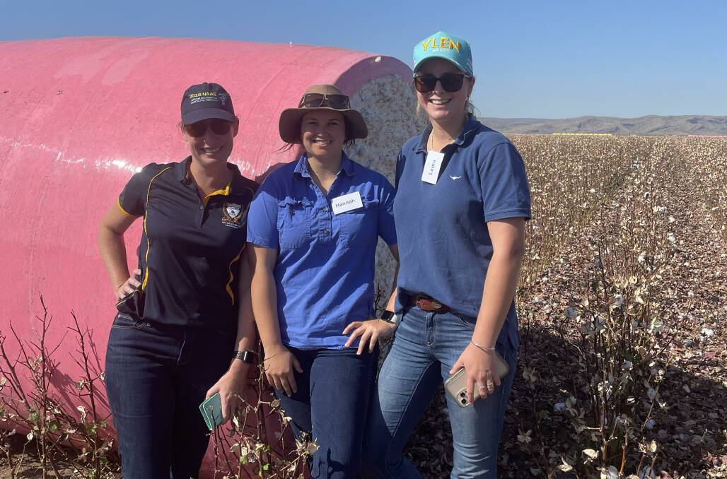 Curtin University associate degree in agribusiness course co-ordinator Stacey Carter (left) with Hannah Mills and Laura Ellis in Kununurra last month for a Muresk Institute study tour. 