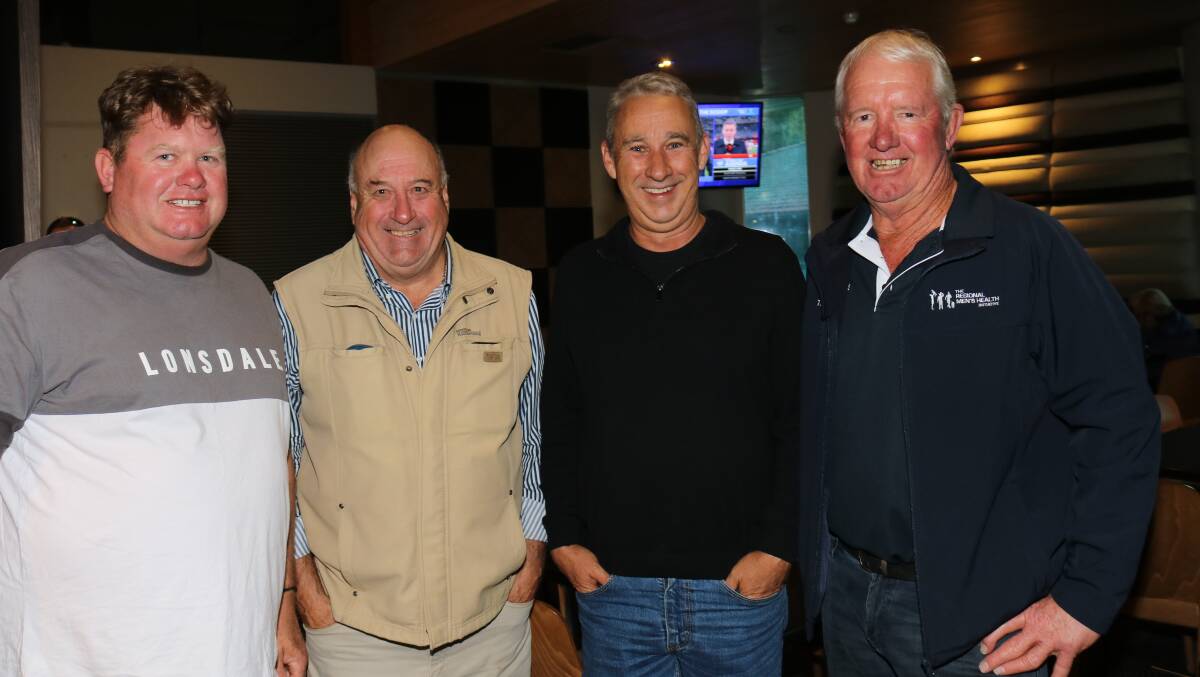Westcoast Rurals WA sheep manager Lincon Gangell (left), Hyden, WA real estate manager Peter Storch and general finance manager Geoff Geary, both Perth, with dinner guest speaker and chairman of Northam-based, Regional Mens Health Iniative, Ross Ditchburn.