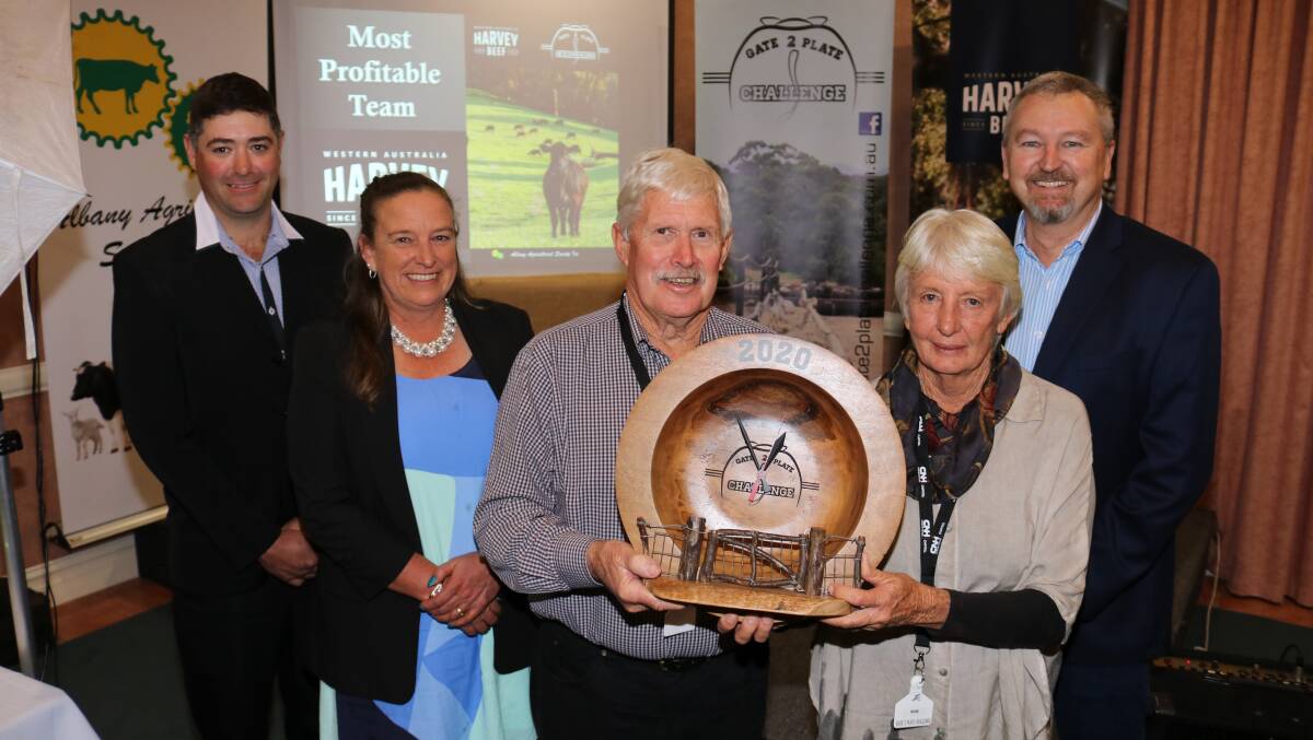 Helping Unison Limousins stud principals Kevin (centre) and Sue Nettleton, Boyanup, celebrate their win for overall most profitable team were Harvey Beef Gate 2 Plate Challenge president Jarrod Carroll (left) and co-ordinator Sheena Smith, with Harvest Road general manager agriculture Kim McDougall.