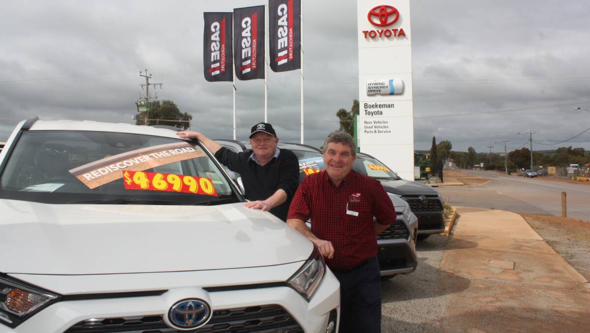 Farm Weekly was kind enough not to push for the 'Toyota leap' from Boekeman Machinery Toyota general manager Brian Drinkwell (left) and parts manager Steve Clark last week. The pair was keen but any unforeseen injuries might have been sheeted home to Torque.