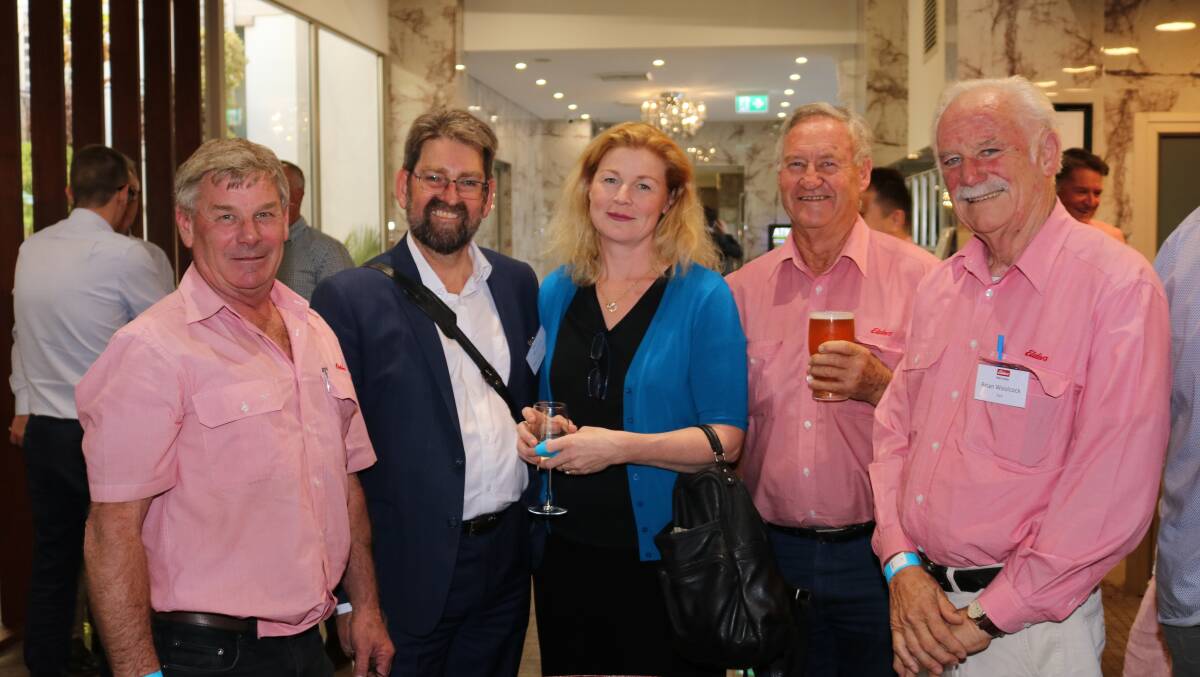 Relaxing after the conference were Greg Smith (left), Elders Pastoral, guest speaker and Bailiwick Legal director Phil Brunner, Bailiwick Legal settlement agent Jessica Brunner, Terry McDonald, Elders Carnamah/Coorow and Brian Woolcock, Elders York.