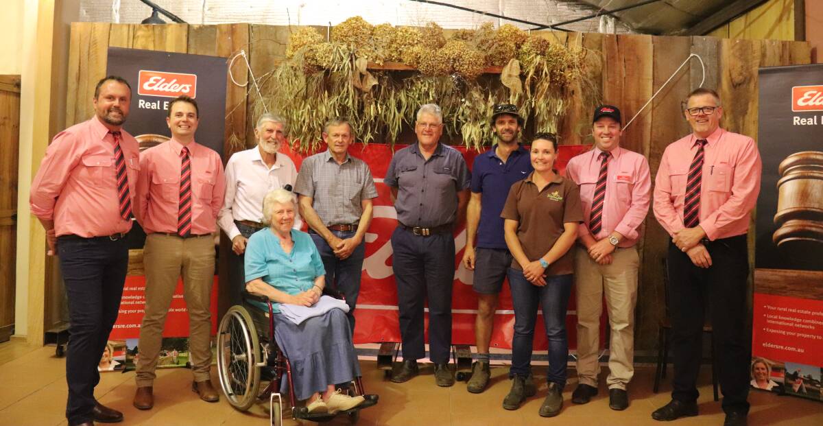 Elders Real Estate sales specialist Adrian Corker (left), senior real estate executive rural Simon Cheetham, vendors Jim and Pam McGregor, buyers Roger Bilney, Kevin Broom and Craig 'Monty' and Shelley Radford, with Elders Kojonup branch manager Cameron Grace and auctioneer Don Fry.