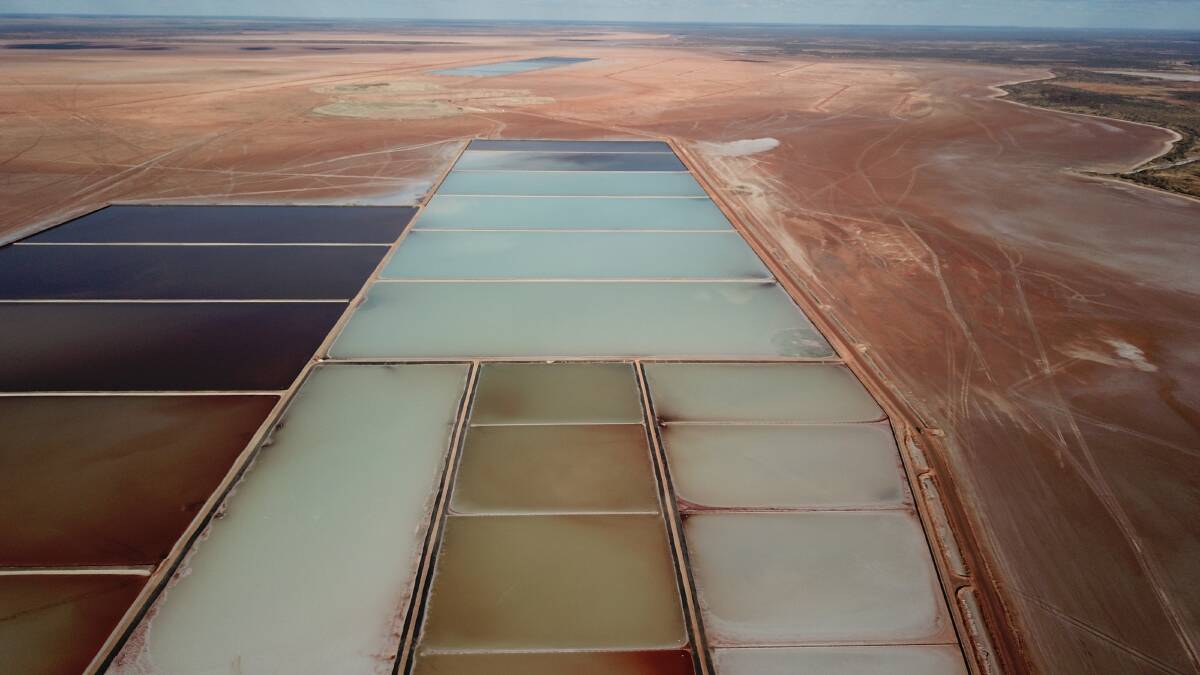 Salt Lake Potash's stage two evaporation ponds on Lake Way near Wiluna where it plans to start producing Sulphate of Potash fertiliser from concentrated hypersaline brine next year. In the distance is the stage one ponds system.
