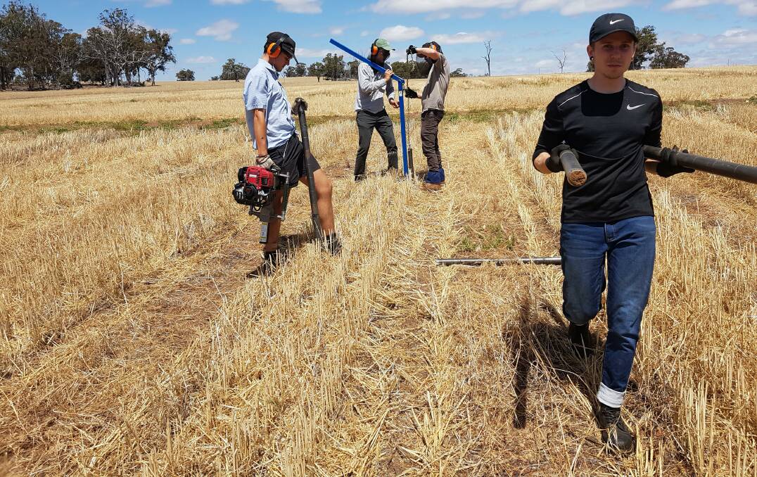 Members of DPIRD plant pathology research team Cameron Lewis (left), Steve Rossi, Campbell Eaton and Jono Swift take soil samples from the Darkan trial site for a project to better understand the impact of soil amelioration on soil biology to help boost graingrowers' yields and profitability