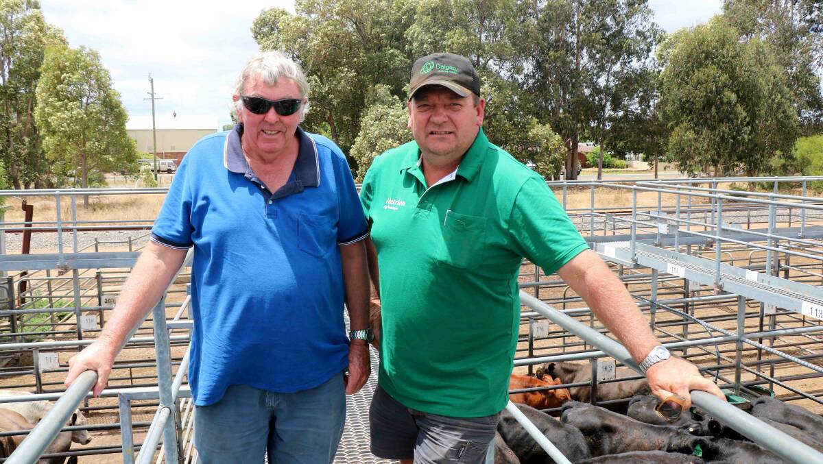 John Steele (left), Manjimup, was at the weekly WALSA weaner cattle sale at Boyanup with Brett Chatley, Landmark Manjimup, who bought several lines of cattle at the sale for clients.