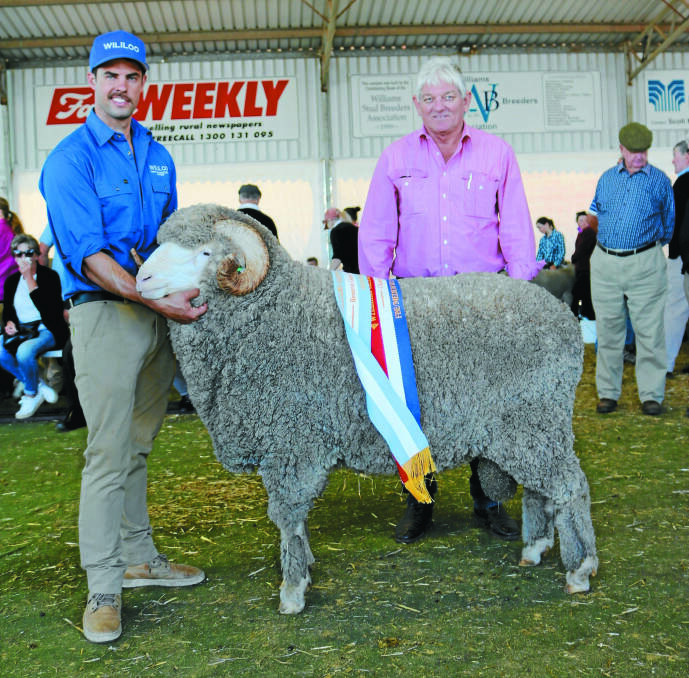 The Wililoo stud, Woodanilling, exhibited the reserve grand champion Merino ram. With the ram were stud co-principal Rick Wise, Woodanilling and Graham Alexander, Elders Williams, which sponsored the award. The ram was also sashed the champion fine/medium wool Merino ram.