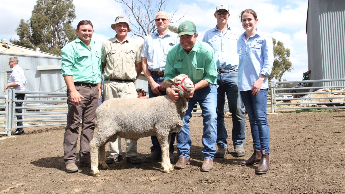 With the $3600 top-priced ram at the inaugural Merinotech (WA) annual on-property Poll Merino ram sale and open day at Kojonup last week were Nutrien Livestock auctioneer and Kojonup agent Troy Hornby (left), Merinotech (WA) stud manager Ian Robertson and Merinotech (WA) chairman Bill Webb, Kojonup, Nutrien Livestock, Breeding representative Mitchell Crosby and neXtgen Agri representatives Mark Ferguson, Christchurch, New Zealand and Amy Lockwood, Broomehill. The ram was purchased by Mr Crosby on behalf of M & D Todd Lagoon Partnership, Mooralla, Victoria.