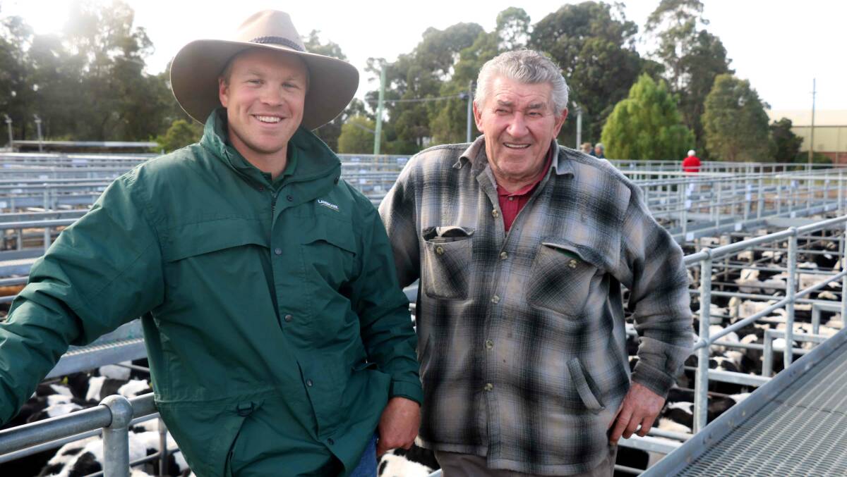 Landmark South West livestock manager Matt Watts (left) with Bridgetown client Frank De Zotti at the sale. Mr Watts purchased a bull at the end of the sale for Mr De Zotti.
