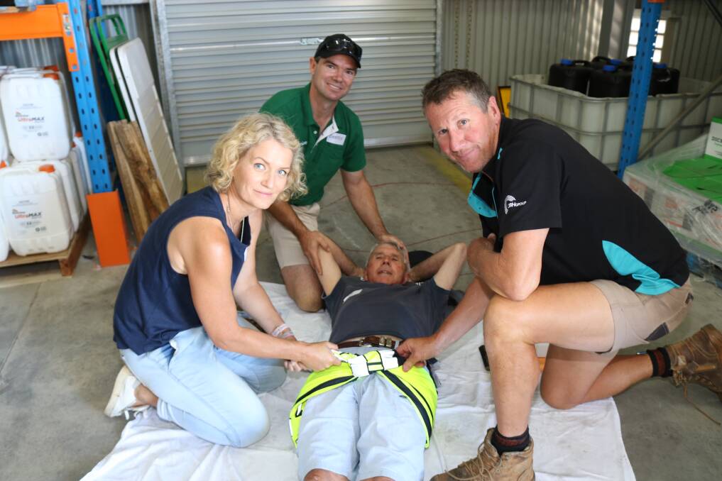 York farmer Ally Emin, Nutrien Ag Solutions, York branch manager Darren Chitty and Graeme Allen, Greenhills, assisted patient and fellow farmer Peter Boyle, who had suffered a broken pelvis after falling from a horse.