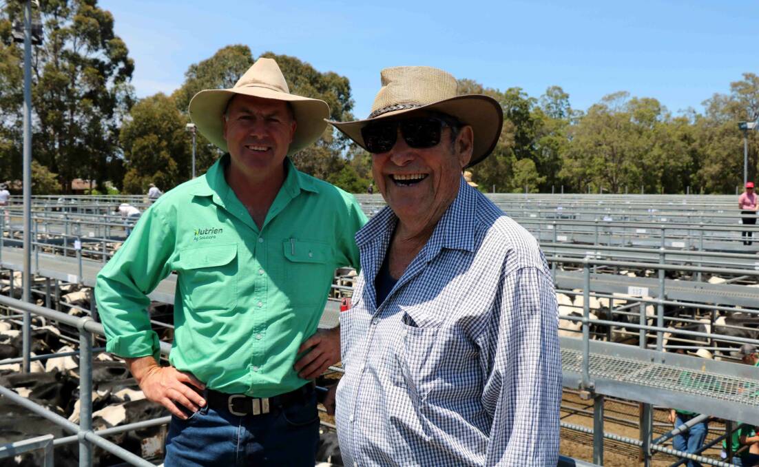 Nutrien Livestock, Waroona agent Richard Pollock (left) was an active bidder once again and was pictured before the sale with client Keith Jefferys, North Dandalup.